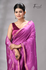 Magenta with zari border mulberry silk handwoven jamdani saree