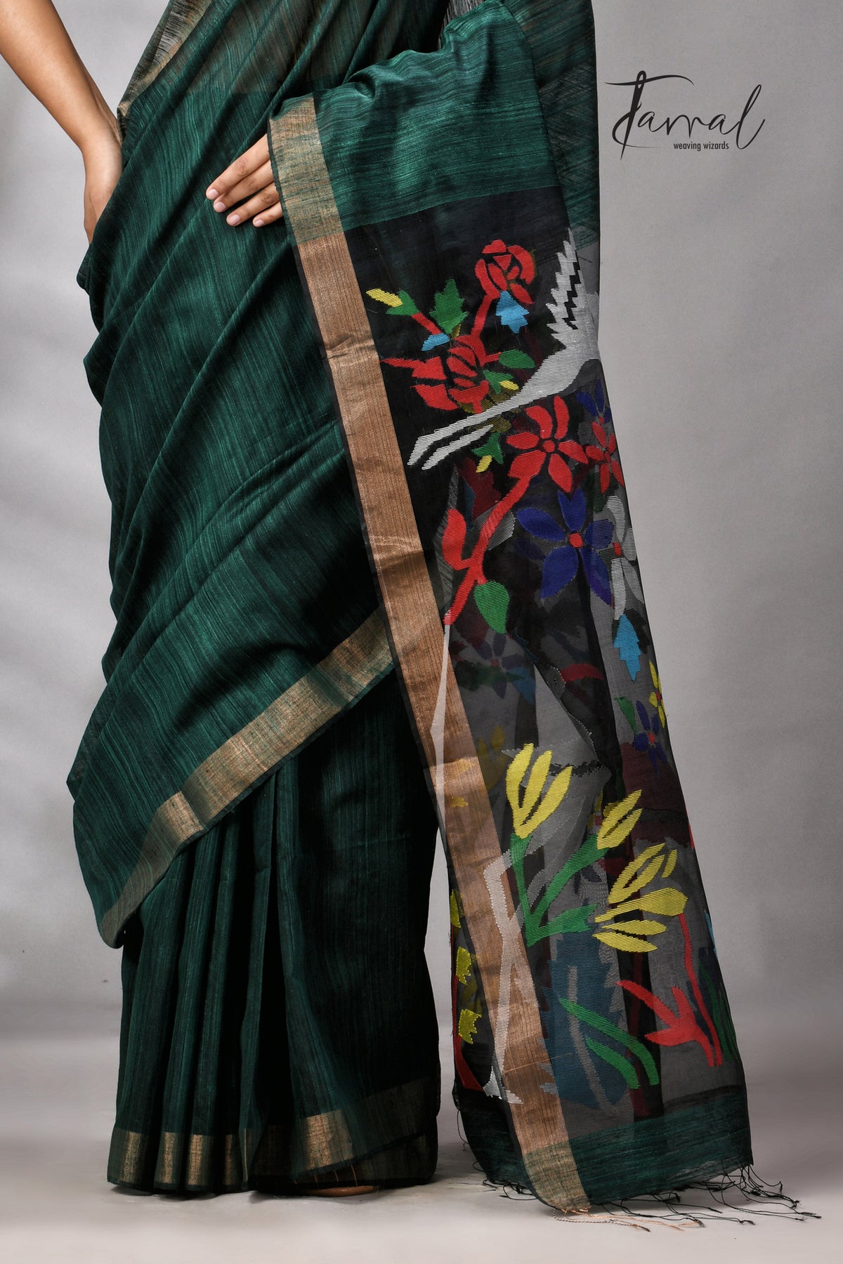 Bottle Green Matka Silk Handwoven Jamdani Saree | Floral & Bird Motifs | Silk Mark Certified | Tamal Boutique