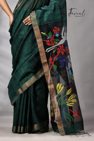 Bottle Green Matka Silk Handwoven Jamdani Saree | Floral & Bird Motifs | Silk Mark Certified | Tamal Boutique