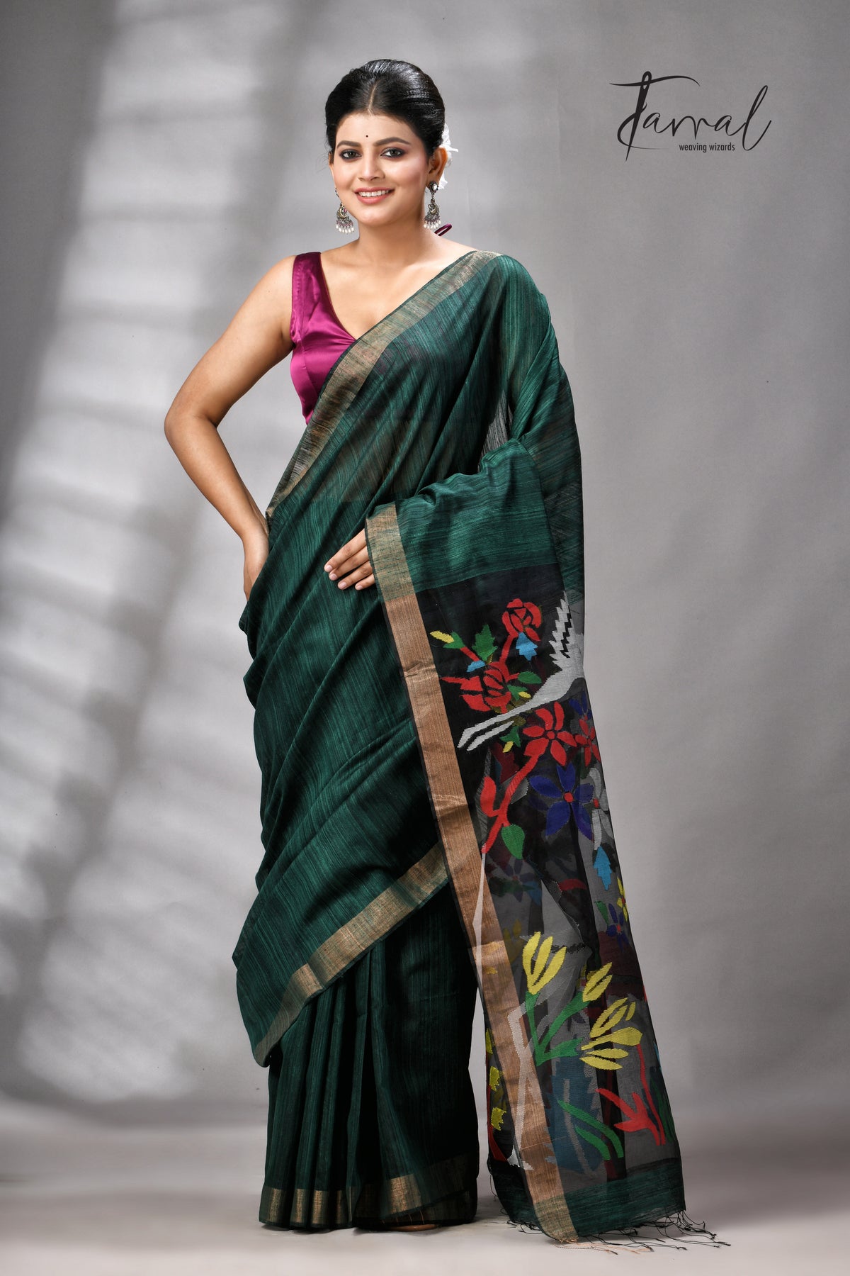 Bottle Green Matka Silk Handwoven Jamdani Saree | Floral & Bird Motifs | Silk Mark Certified | Tamal Boutique