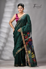 Bottle Green matka silk handwoven jamdani saree