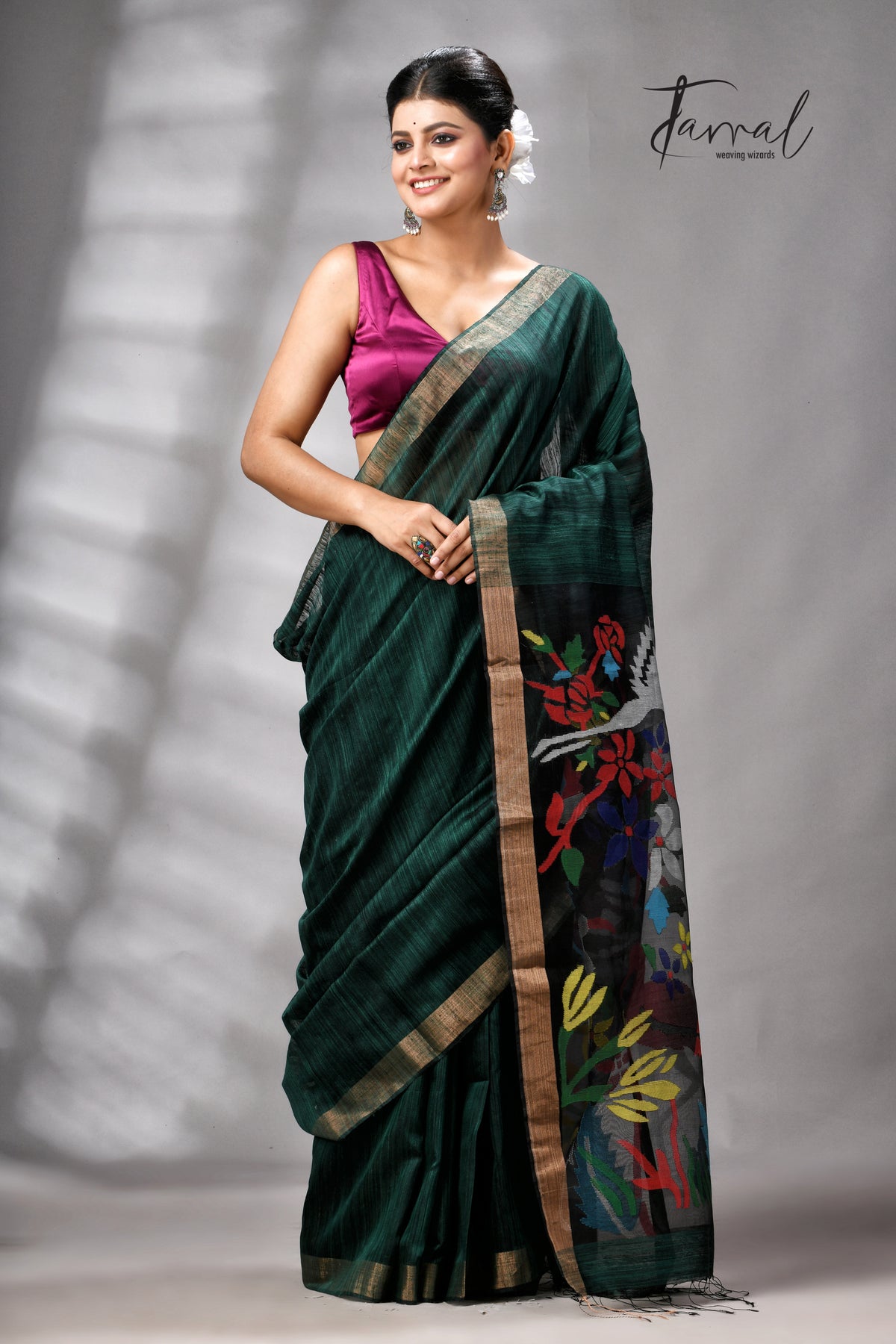 Bottle Green Matka Silk Handwoven Jamdani Saree | Floral & Bird Motifs | Silk Mark Certified | Tamal Boutique