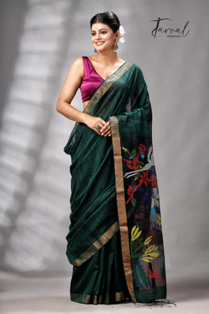 Bottle Green Matka Silk Handwoven Jamdani Saree | Floral & Bird Motifs | Silk Mark Certified | Tamal Boutique