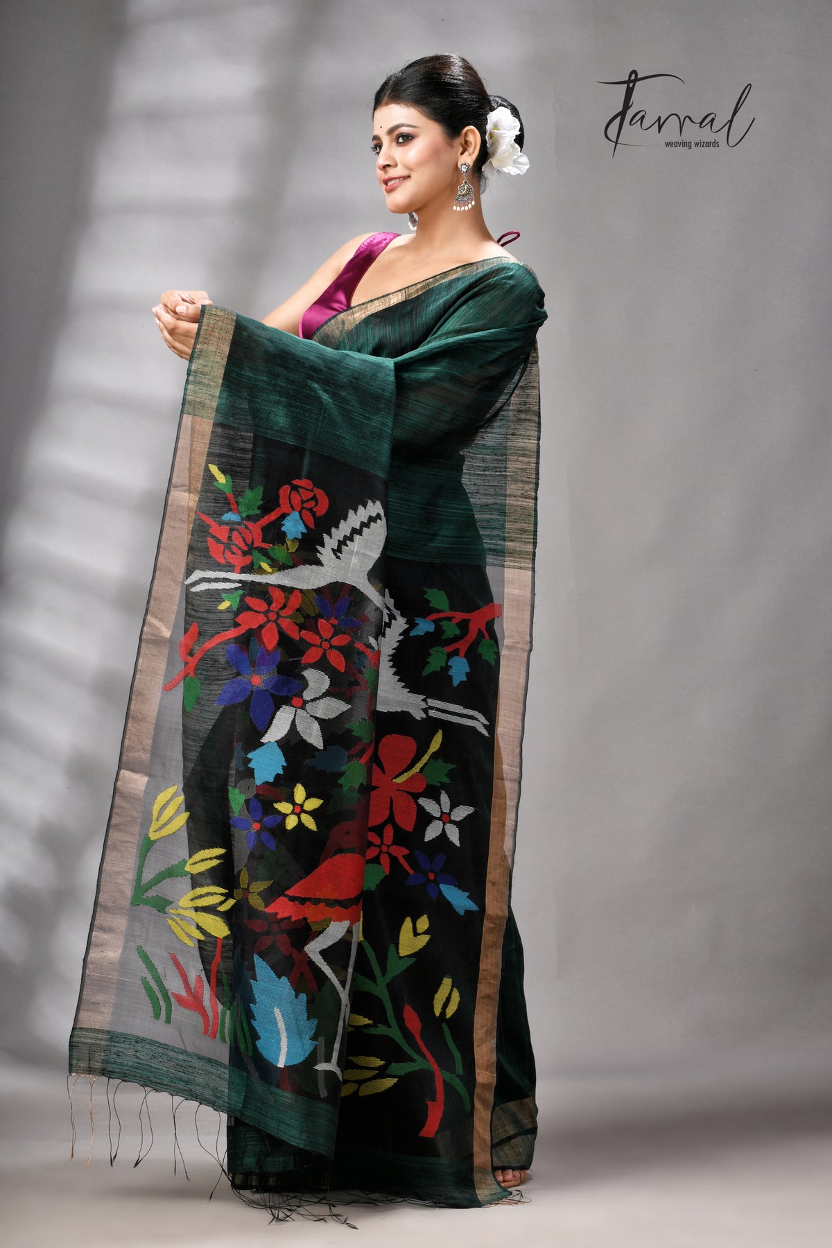 Bottle Green Matka Silk Handwoven Jamdani Saree | Floral & Bird Motifs | Silk Mark Certified | Tamal Boutique