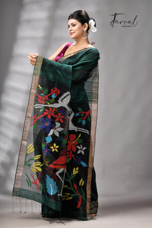 Bottle Green Matka Silk Handwoven Jamdani Saree | Floral & Bird Motifs | Silk Mark Certified | Tamal Boutique