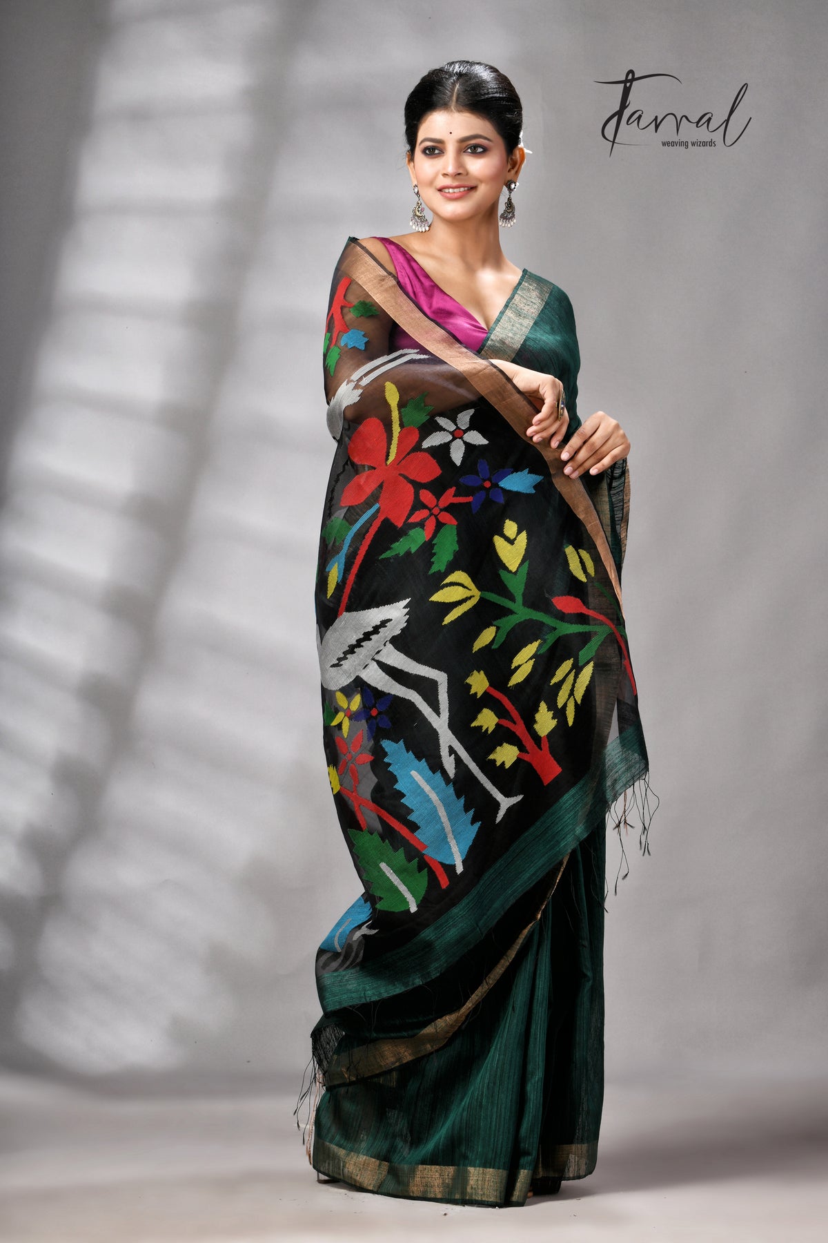 Bottle Green Matka Silk Handwoven Jamdani Saree | Floral & Bird Motifs | Silk Mark Certified | Tamal Boutique
