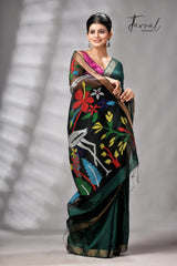 Bottle Green matka silk handwoven jamdani saree