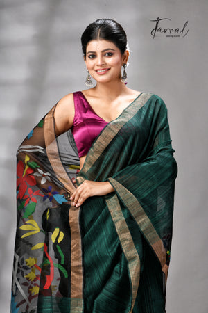 Bottle Green Matka Silk Handwoven Jamdani Saree | Floral & Bird Motifs | Silk Mark Certified | Tamal Boutique