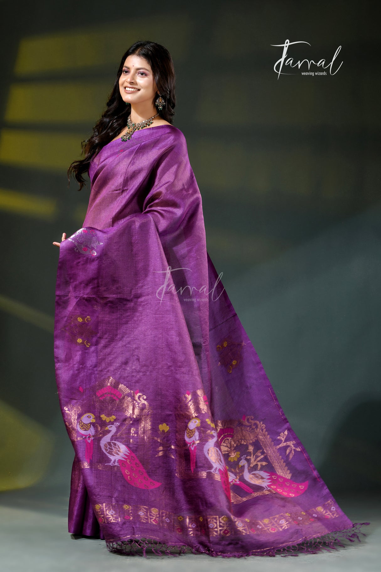 Purple with golden zari pure tussar silk handloom jamdani saree