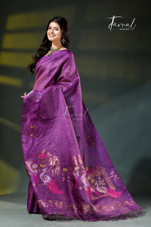 Purple with golden zari pure tussar silk handloom jamdani saree