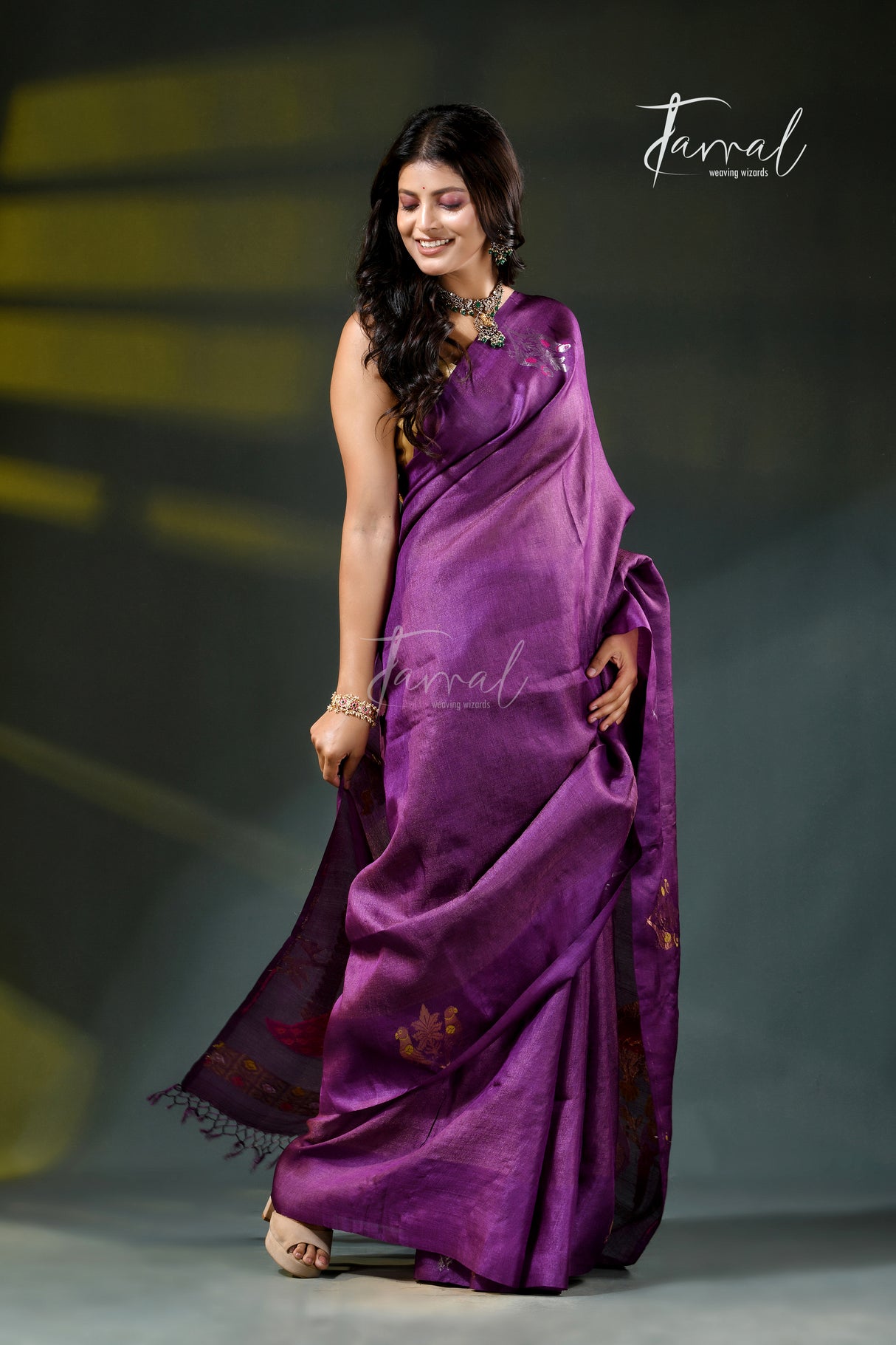 Purple with golden zari pure tussar silk handloom jamdani saree
