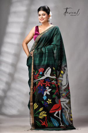 Bottle Green Matka Silk Handwoven Jamdani Saree | Floral & Bird Motifs | Silk Mark Certified | Tamal Boutique