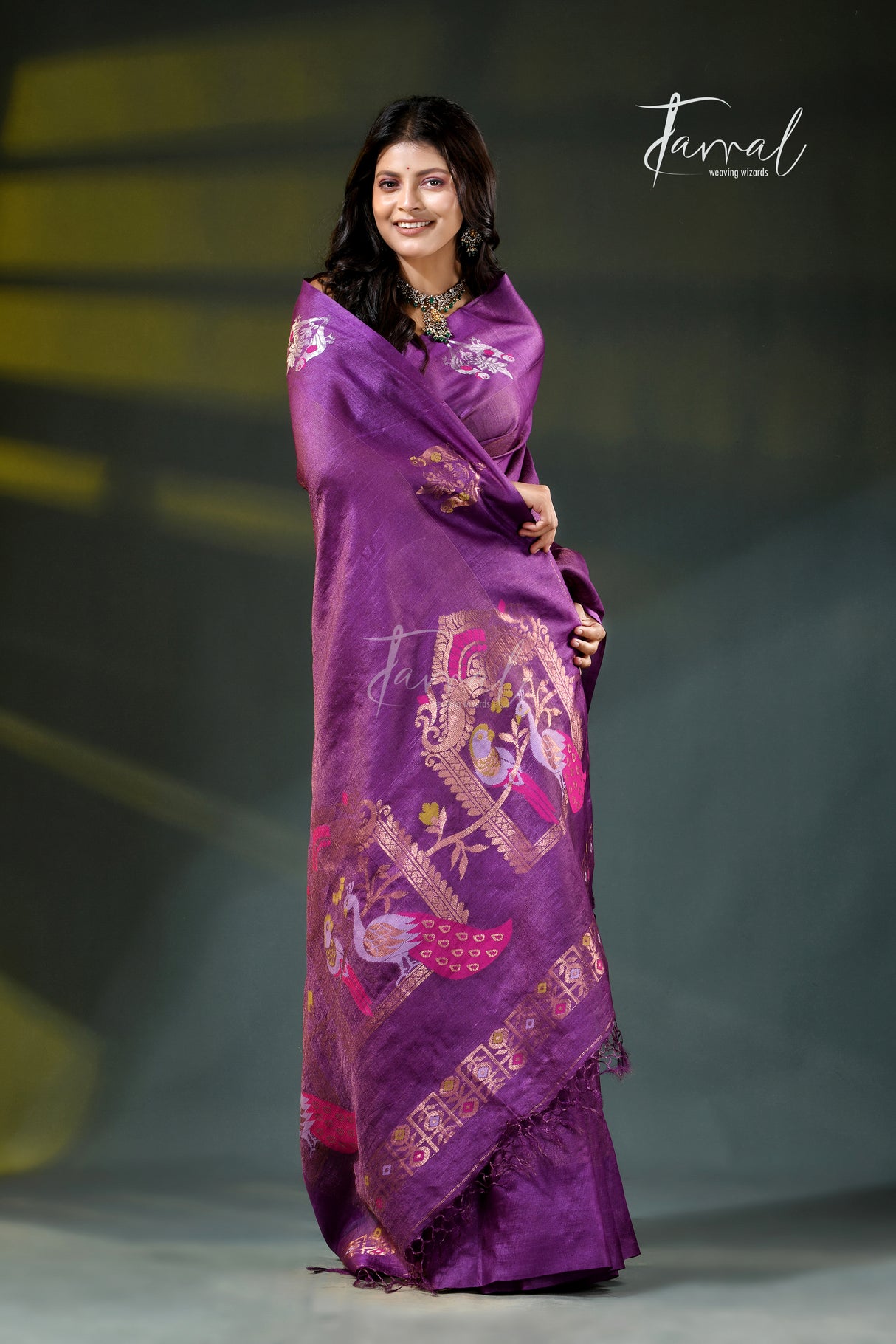 Purple with golden zari pure tussar silk handloom jamdani saree