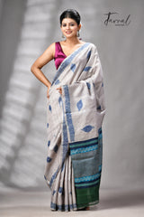 Grey With Blue Pure Tussar Silk Shibori Handloom Saree