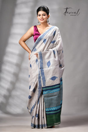 Grey With Blue Pure Tussar Silk Shibori Handloom Saree
