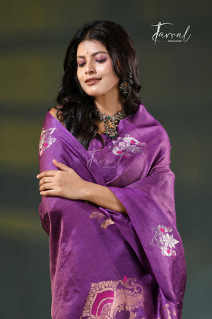 Purple with golden zari pure tussar silk handloom jamdani saree