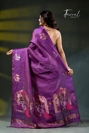 Purple with golden zari pure tussar silk handloom jamdani saree