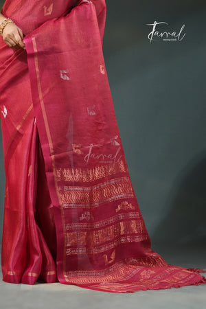 Red colour pure tussar silk handloom jamdani saree