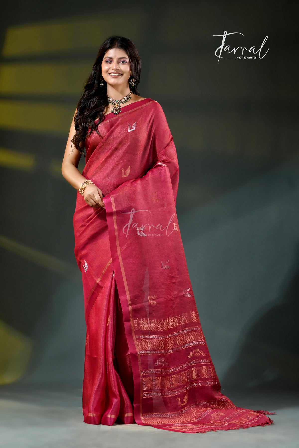 Red colour pure tussar silk handloom jamdani saree