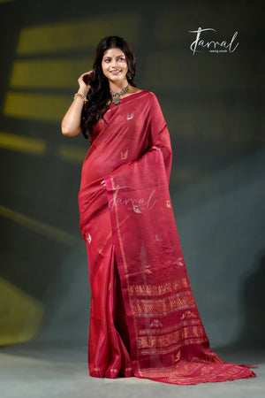 Red colour pure tussar silk handloom jamdani saree
