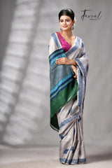 Grey With Blue Pure Tussar Silk Shibori Handloom Saree