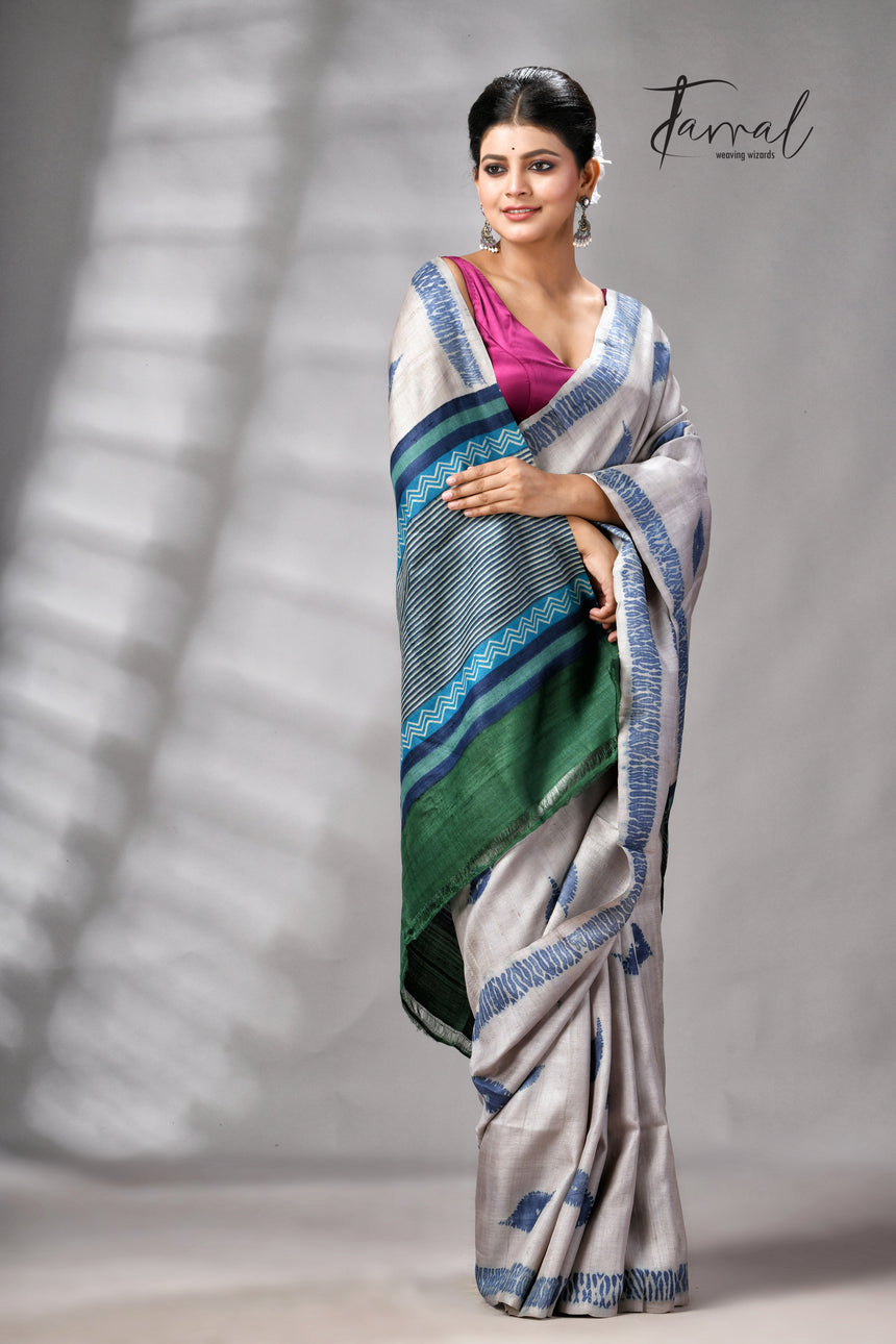 Grey With Blue Pure Tussar Silk Shibori Handloom Saree