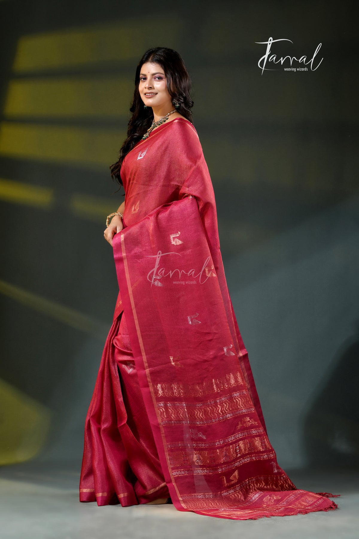 Red colour pure tussar silk handloom jamdani saree