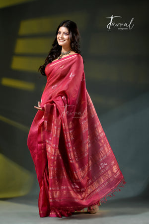 Rani Pink with golden zari tussar  handloom jamdani saree
