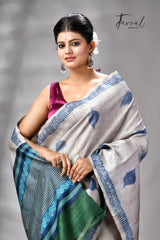 Grey With Blue Pure Tussar Silk Shibori Handloom Saree
