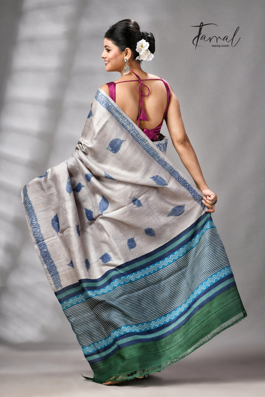 Grey With Blue Pure Tussar Silk Shibori Handloom Saree