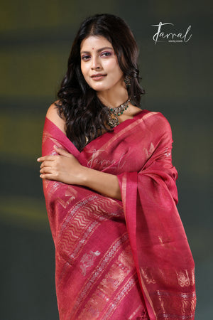 Rani Pink with golden zari tussar  handloom jamdani saree