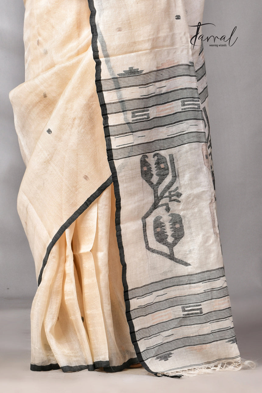 Light Beige With Black Pure Tussar Silk Handwoven Jamdani Saree