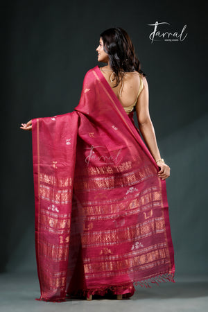 Red colour pure tussar silk handloom jamdani saree