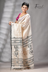 Light Beige With Black Pure Tussar Silk Handwoven Jamdani Saree