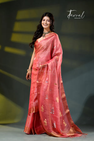 Rani Pink with golden zari pure tissue muslin silk handloom jamdani saree