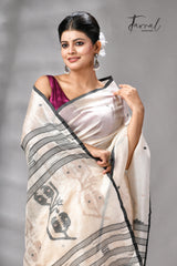 Light Beige With Black Pure Tussar Silk Handwoven Jamdani Saree