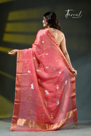 Rani Pink with golden zari pure tissue muslin silk handloom jamdani saree