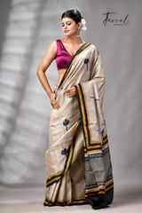Muga With Golden Yellow & Black Pure Tussar Silk Hand Block Print Saree