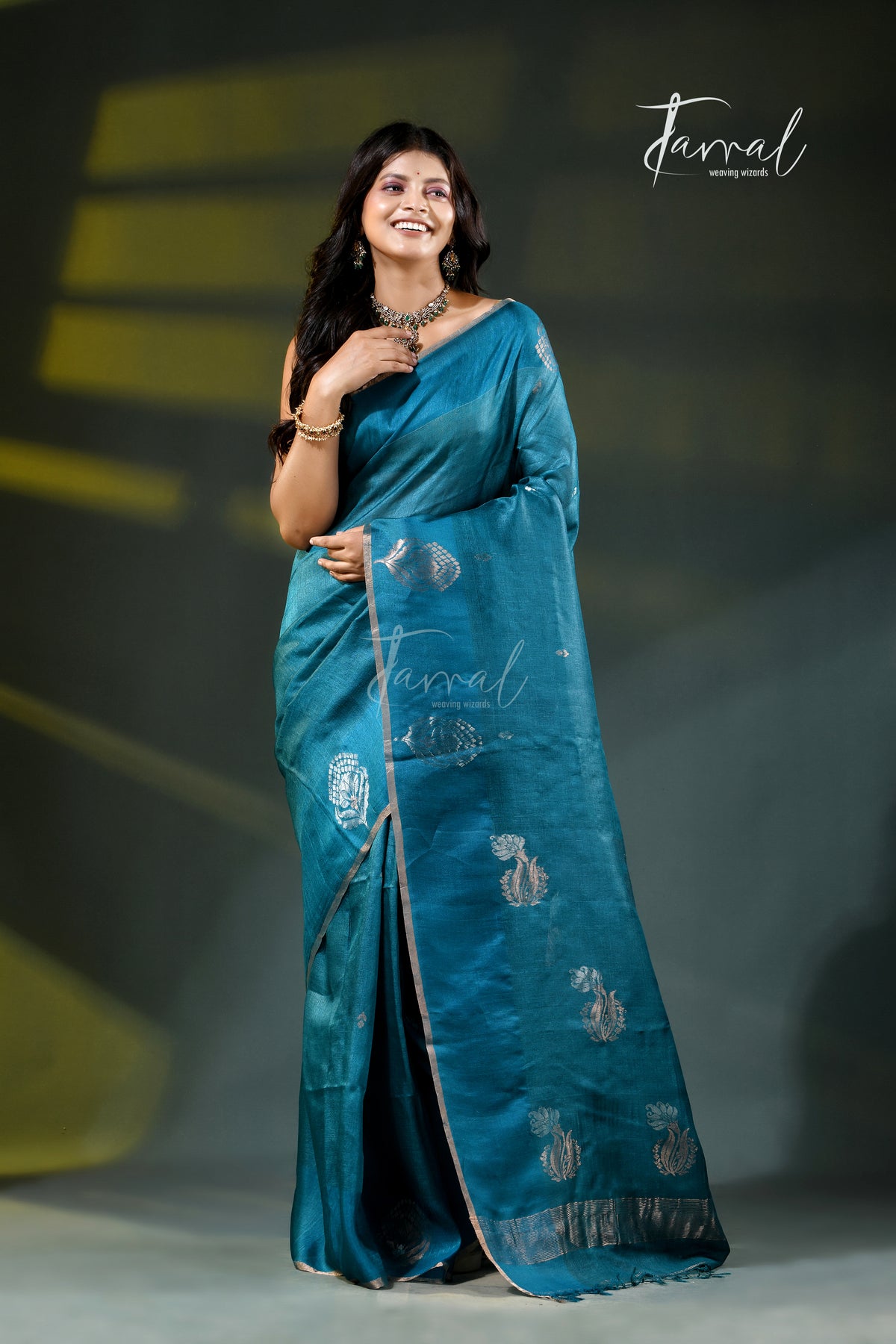 Peacock blue with golden & silver zari pure tussar silk handloom jamdani saree