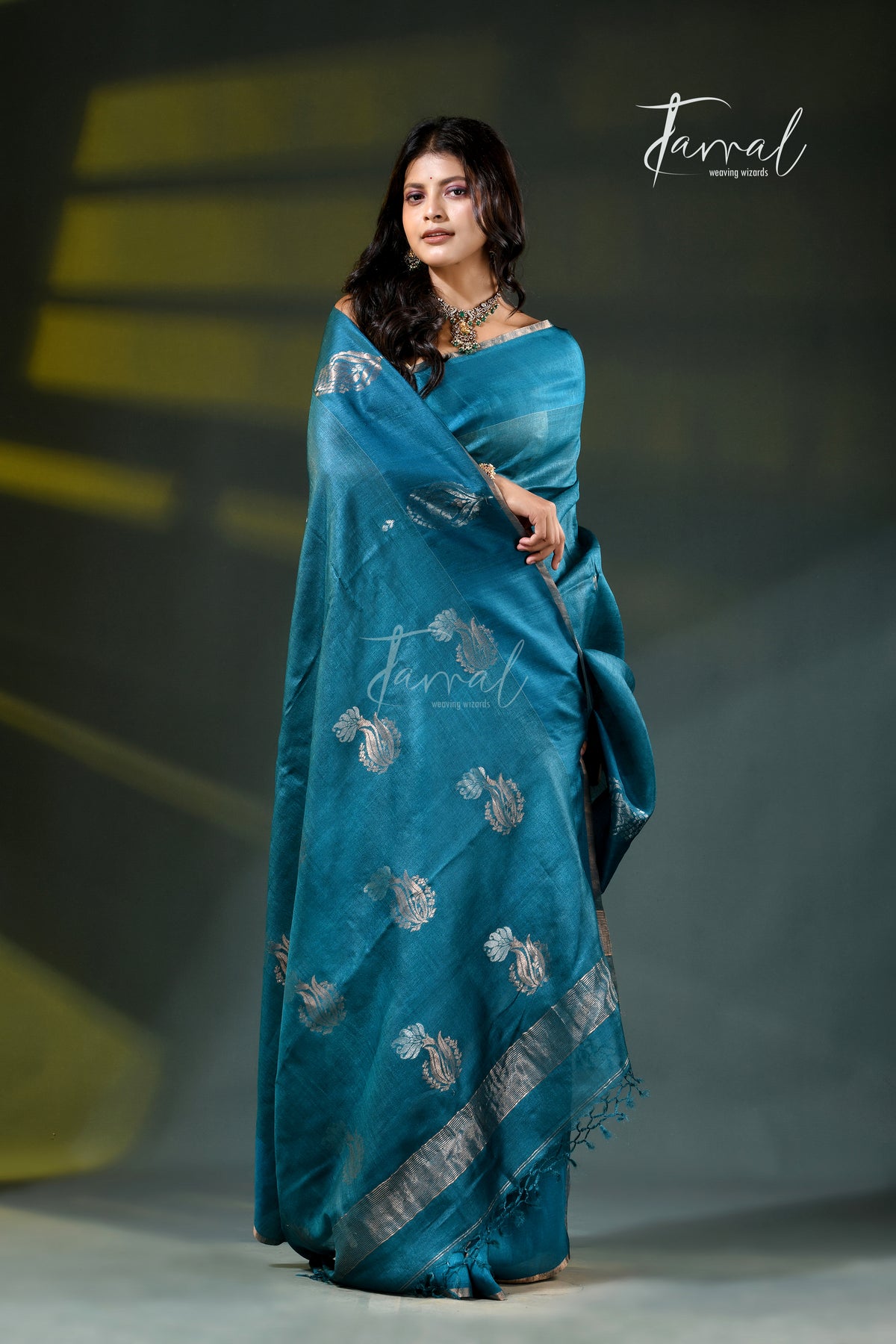 Peacock blue with golden & silver zari pure tussar silk handloom jamdani saree