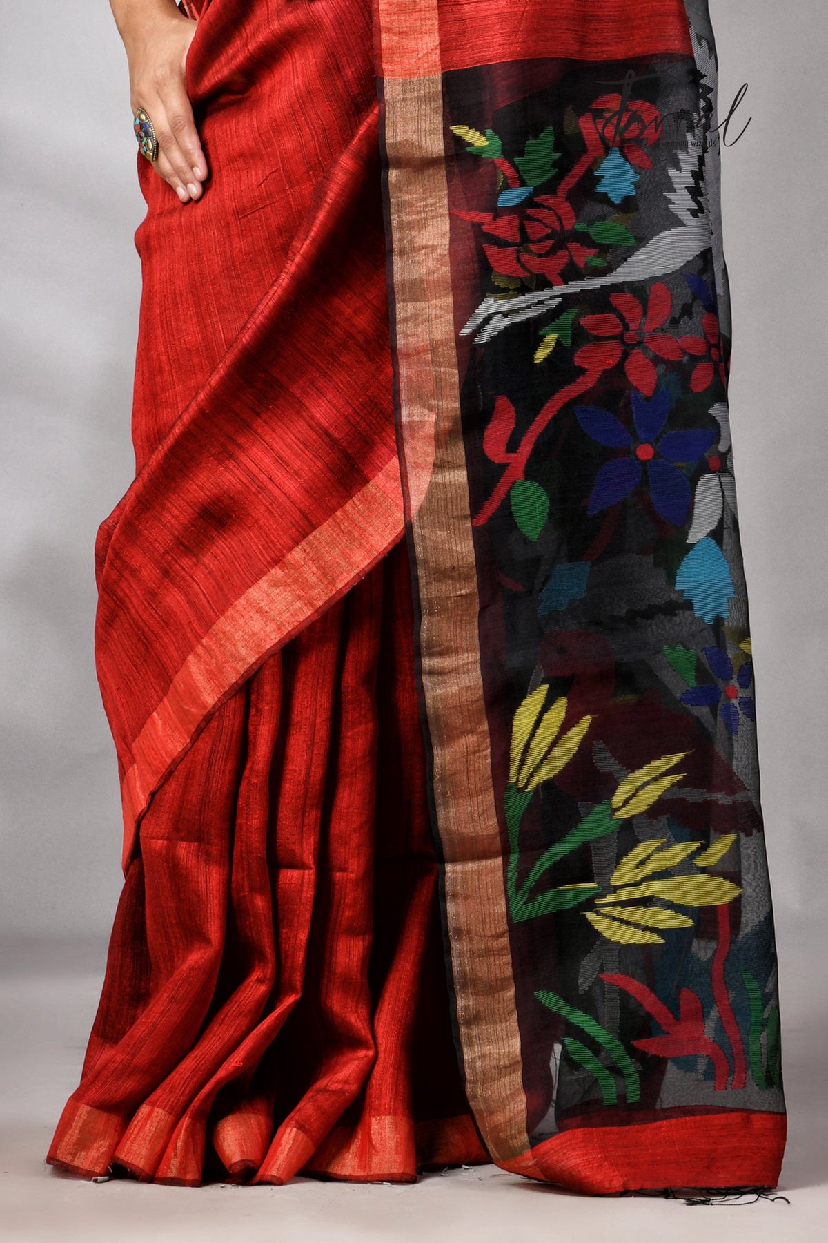 Red Matka Silk Handwoven Jamdani Saree | Floral & Bird Motifs | Silk Mark Certified | Tamal Boutique