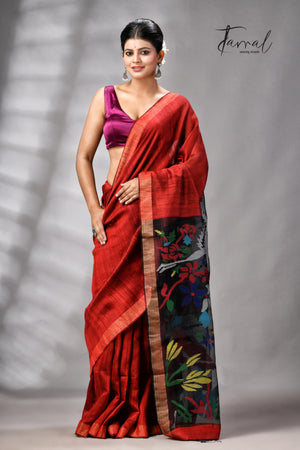 Red Matka Silk Handwoven Jamdani Saree | Floral & Bird Motifs | Silk Mark Certified | Tamal Boutique