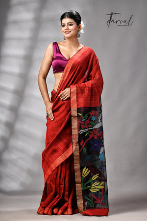 Red Matka Silk Handwoven Jamdani Saree | Floral & Bird Motifs | Silk Mark Certified | Tamal Boutique