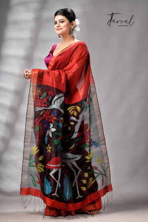 Red Matka Silk Handwoven Jamdani Saree | Floral & Bird Motifs | Silk Mark Certified | Tamal Boutique