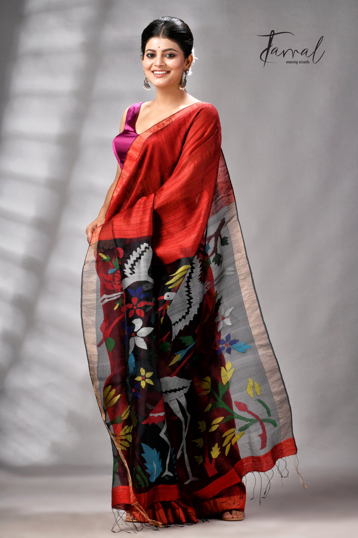 Red Matka Silk Handwoven Jamdani Saree | Floral & Bird Motifs | Silk Mark Certified | Tamal Boutique