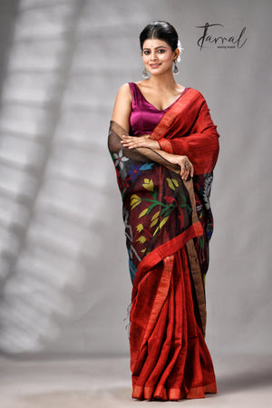 Red Matka Silk Handwoven Jamdani Saree | Floral & Bird Motifs | Silk Mark Certified | Tamal Boutique