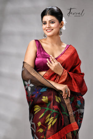 Red Matka Silk Handwoven Jamdani Saree | Floral & Bird Motifs | Silk Mark Certified | Tamal Boutique