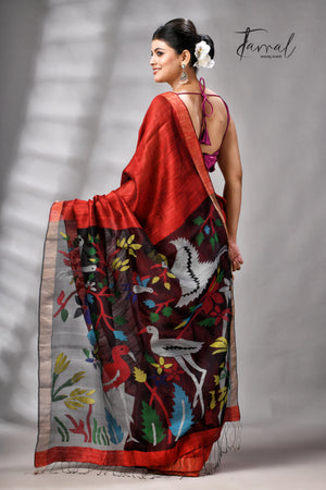 Red Matka Silk Handwoven Jamdani Saree | Floral & Bird Motifs | Silk Mark Certified | Tamal Boutique