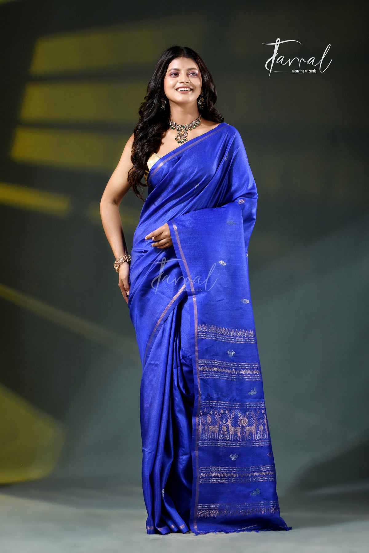 Royal blue with golden zari tussar  handloom jamdani saree