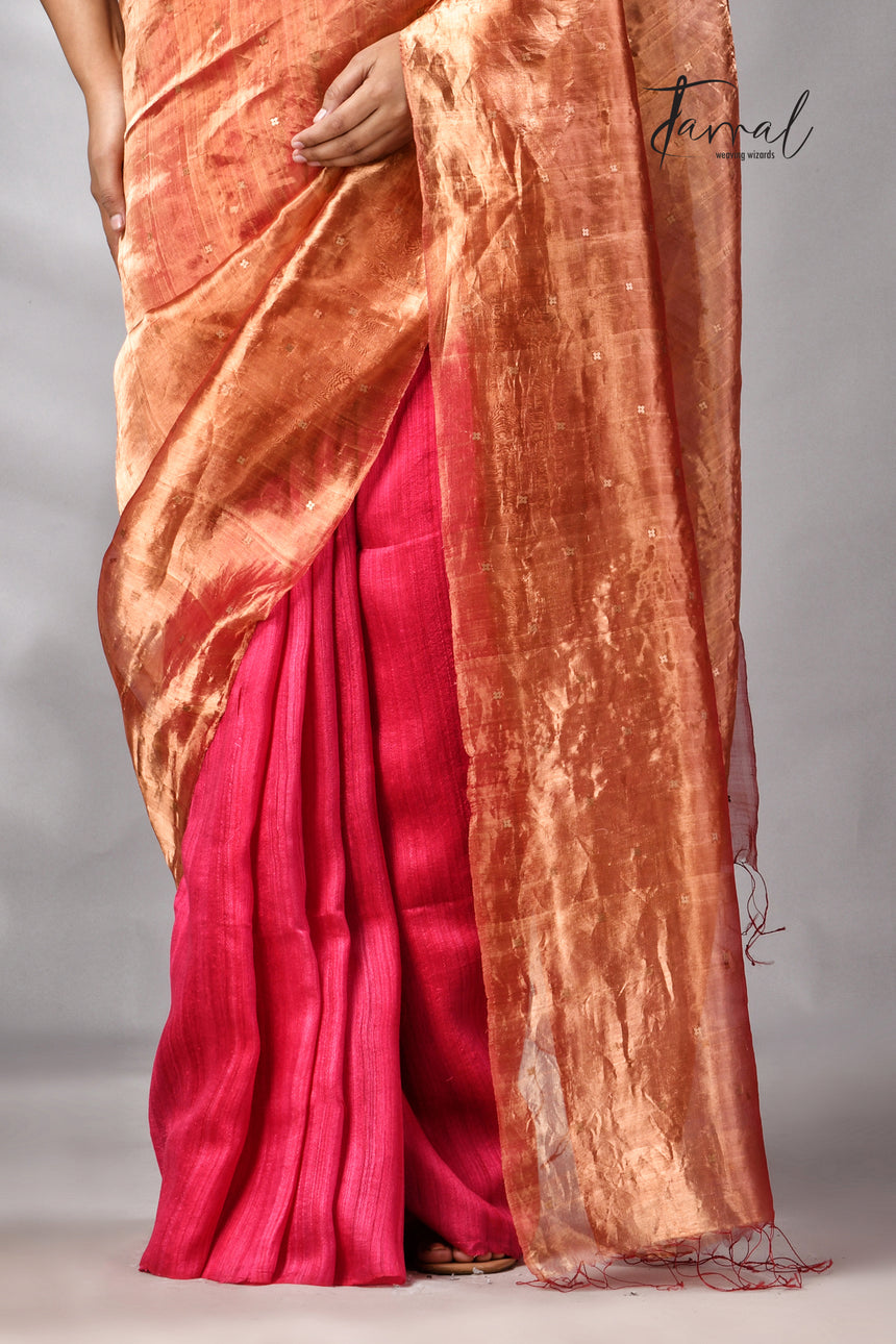 Golden Zari With Rani Colour Half Tissue Sequins & Half Matka Silk Handloom Saree